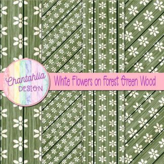 Free white flowers on forest green wood digital papers