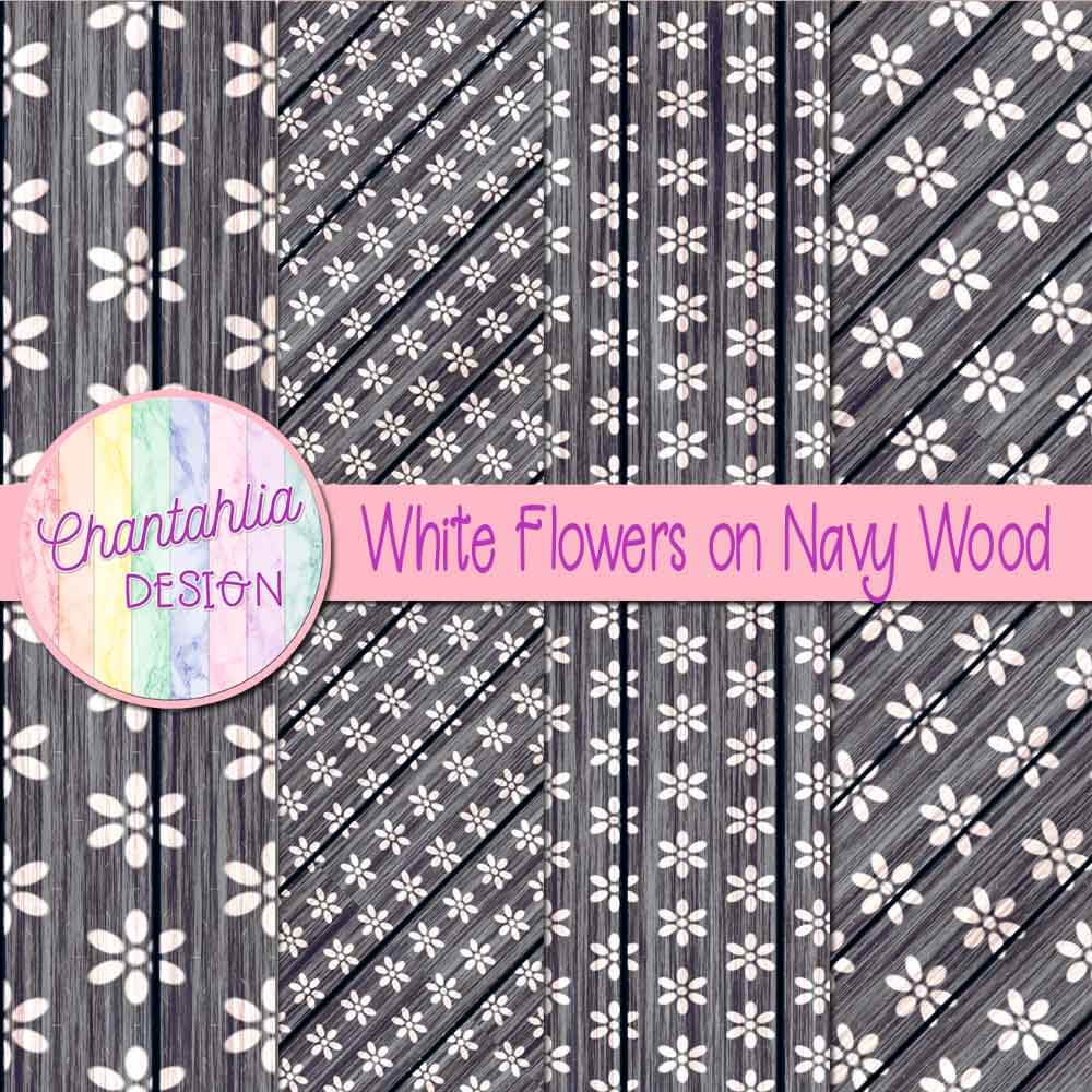 Free white flowers on navy wood digital papers