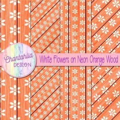 Free white flowers on neon orange wood digital papers