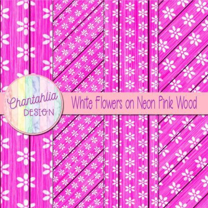 Free white flowers on neon pink wood digital papers