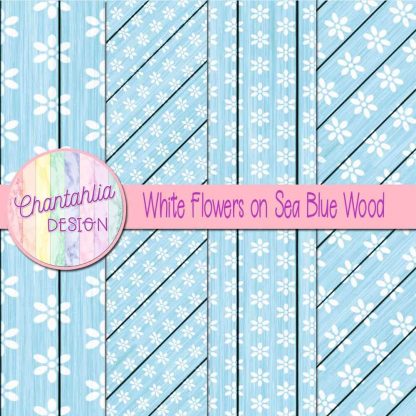 Free white flowers on sea blue wood digital papers
