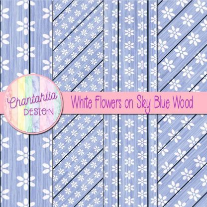 Free white flowers on sky blue wood digital papers