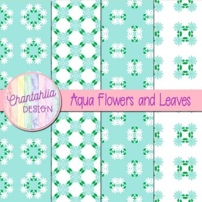 Free digital papers featuring aqua flowers and leaves