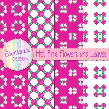 Free digital papers featuring hot pink flowers and leaves