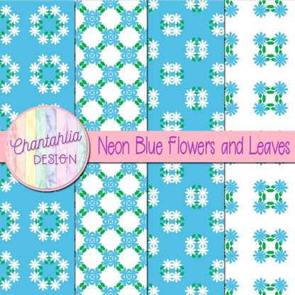 Free digital papers featuring neon blue flowers and leaves