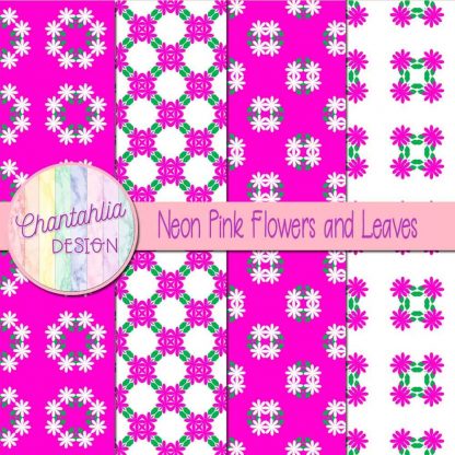Free digital papers featuring neon pink flowers and leaves