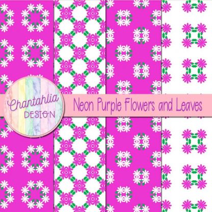 Free digital papers featuring neon purple flowers and leaves