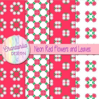 Free digital papers featuring neon red flowers and leaves