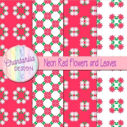 Free digital papers featuring neon red flowers and leaves