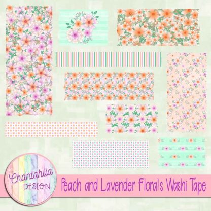 Free digital washi tape in a Peach and Lavender Florals theme