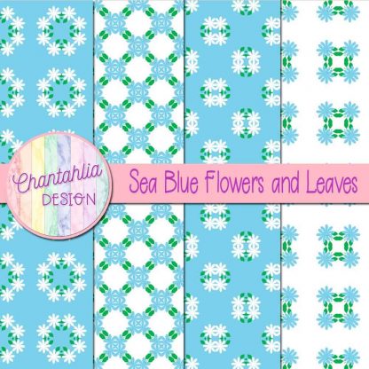 Free digital papers featuring sea blue flowers and leaves