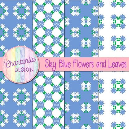 Free digital papers featuring sky blue flowers and leaves