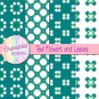 Free digital papers featuring teal flowers and leaves