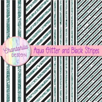 Free aqua glitter and black stripes digital papers
