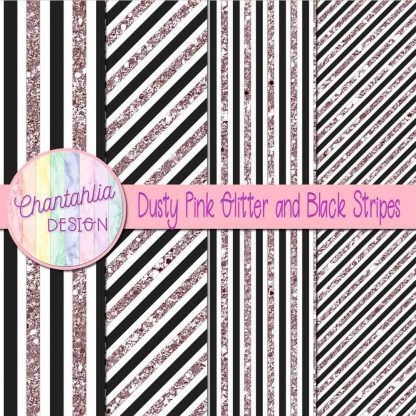 Free dusty pink glitter and black stripes digital papers