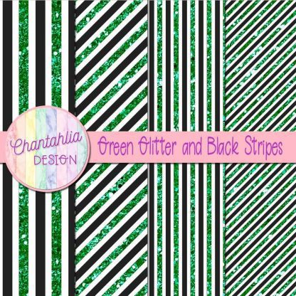 Free green glitter and black stripes digital papers