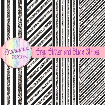 Free grey glitter and black stripes digital papers