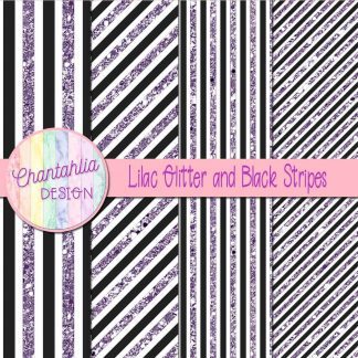 Free lilac glitter and black stripes digital papers