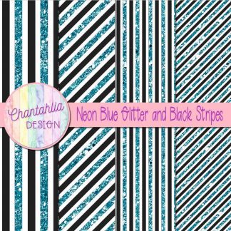 Free neon blue glitter and black stripes digital papers