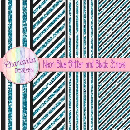 Free neon blue glitter and black stripes digital papers