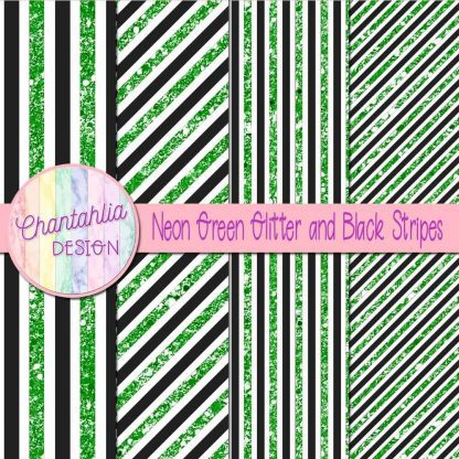 Free neon green glitter and black stripes digital papers