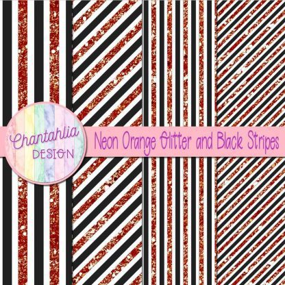 Free neon orange glitter and black stripes digital papers