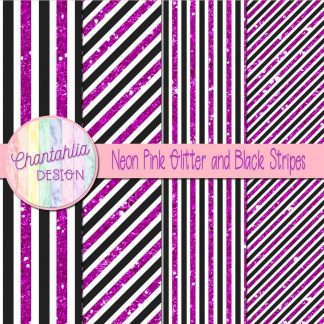 Free neon pink glitter and black stripes digital papers