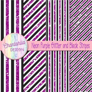 Free neon purple glitter and black stripes digital papers