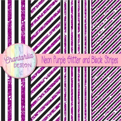 Free neon purple glitter and black stripes digital papers