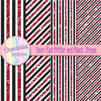 Free neon red glitter and black stripes digital papers
