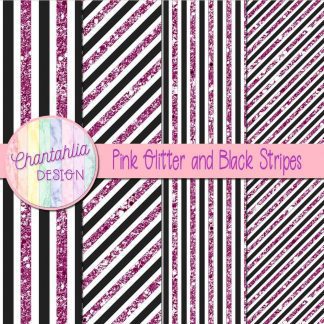 Free pink glitter and black stripes digital papers