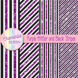 Free purple glitter and black stripes digital papers