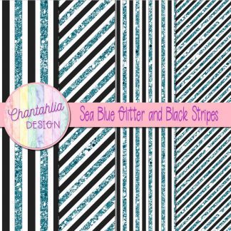 Free sea blue glitter and black stripes digital papers