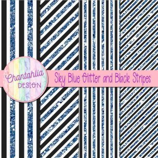 Free sky blue glitter and black stripes digital papers
