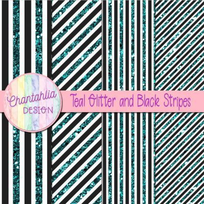 Free teal glitter and black stripes digital papers