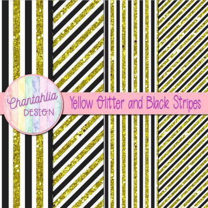 Free yellow glitter and black stripes digital papers