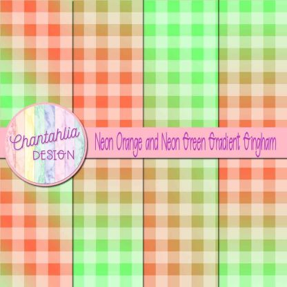 Free neon orange and neon green gradient gingham digital papers