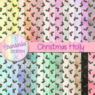 Free digital paper backgrounds featuring a Christmas holly design.
