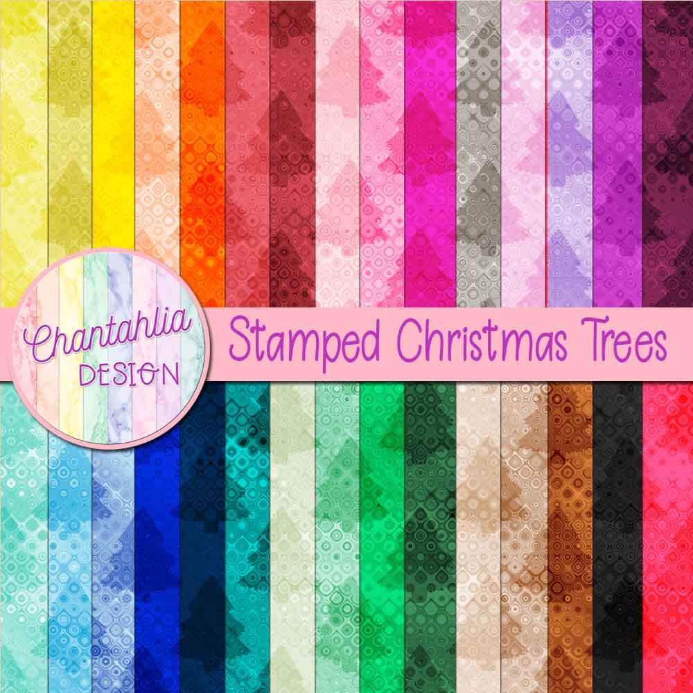 Free digital paper backgrounds featuring a stamped Christmas trees design