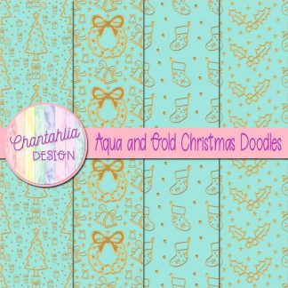 Free aqua and gold christmas doodles digital papers