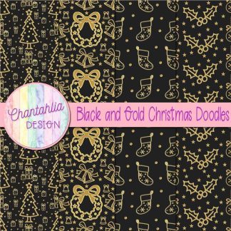Free black and gold christmas doodles digital papers