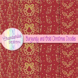 Free burgundy and gold christmas doodles digital papers