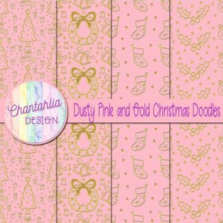 Free dusty pink and gold christmas doodles digital papers