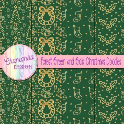 Free forest green and gold christmas doodles digital papers