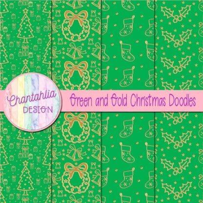 Free green and gold christmas doodles digital papers