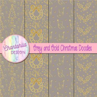 Free grey and gold christmas doodles digital papers