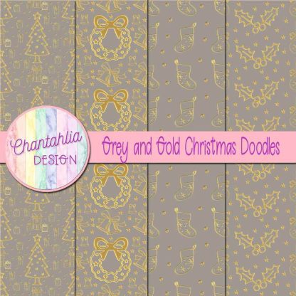 Free grey and gold christmas doodles digital papers