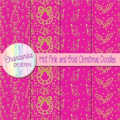 Free hot pink and gold christmas doodles digital papers