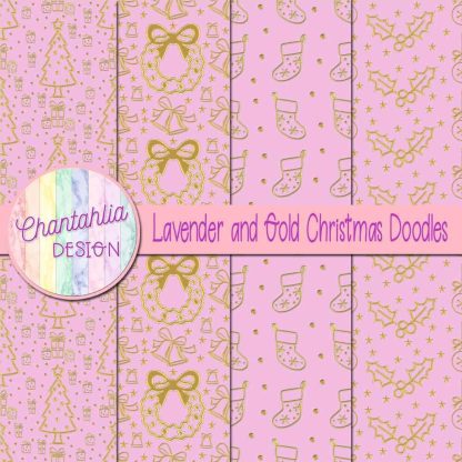 Free lavender and gold christmas doodles digital papers