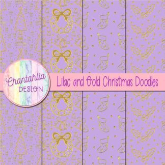 Free lilac and gold christmas doodles digital papers